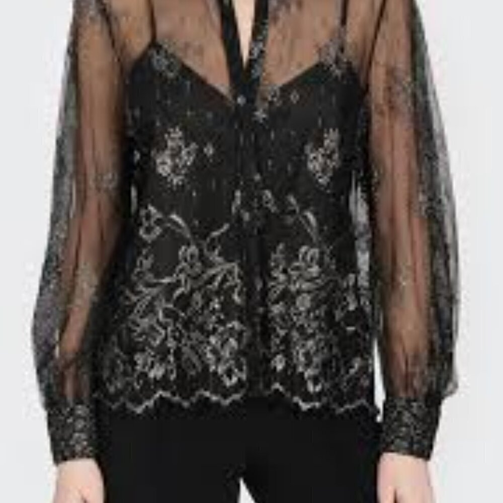 Cinq à Sept Navy Sheer Lace Kandice Top size XS NWT